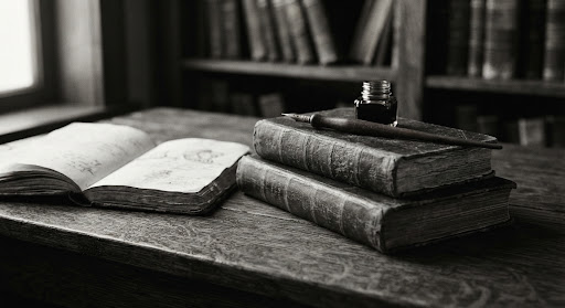 Libros antiguos, tintero y pluma sobre un escritorio de madera